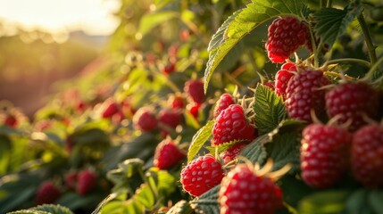 Sunlit scene overlooking the raspberry plantation with many raspberries, bright rich color, professional nature photo