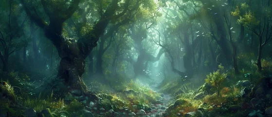 Fotobehang In the heart of an enchanted forest, remnants of an Elven skirmish lay scattered, a silent testament to the eternal struggle between light and dark © Bilas AI