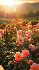 Sunlit scene overlooking the rose plantation with many rose blooms, bright rich color, professional nature photo