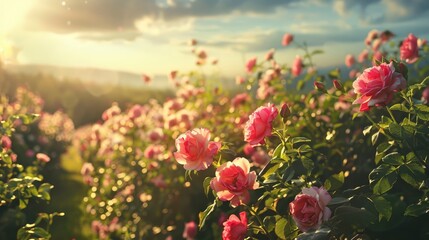 Sunlit scene overlooking the rose plantation with many rose blooms, bright rich color, professional nature photo