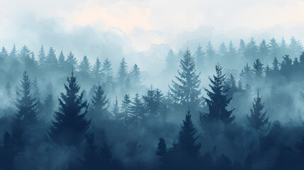 Fototapeta na wymiar Misty landscape with fir forest in vintage retro style. Generative AI