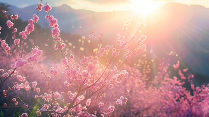 Sunlit scene overlooking the sakura plantation with many blooms, bright rich color, professional...