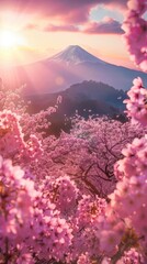 Sunlit scene overlooking the sakura plantation with many blooms, Fuji volcano in the background,...
