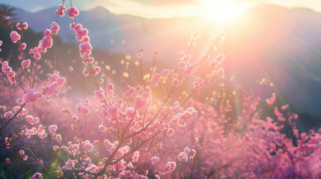 Sunlit scene overlooking the sakura plantation with many blooms, bright rich color, professional nature photo