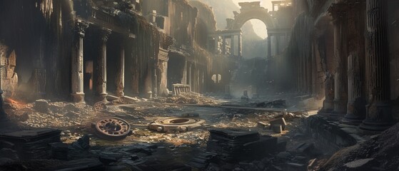Remnants of a fierce Roman battle, where broken chariots and legionnaire armor lay forgotten, a silent witness to the empire's might and fall. - obrazy, fototapety, plakaty