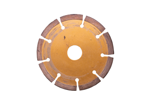 Circular saw blade isolated on white background with car clutch disc, metal chip, and clock gear elements - Powered by Adobe