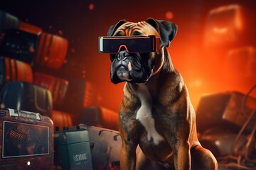 The boxer dog uses virtual reality glasses, there is an unreal world around him