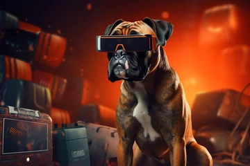 Tuinposter The boxer dog uses virtual reality glasses, there is an unreal world around him © Наталья некрасова