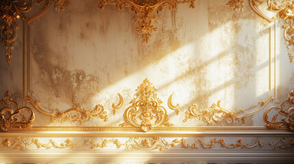 Classic luxury interior wall with mouldings, golden decoration details, faded floral baroque. Copy...
