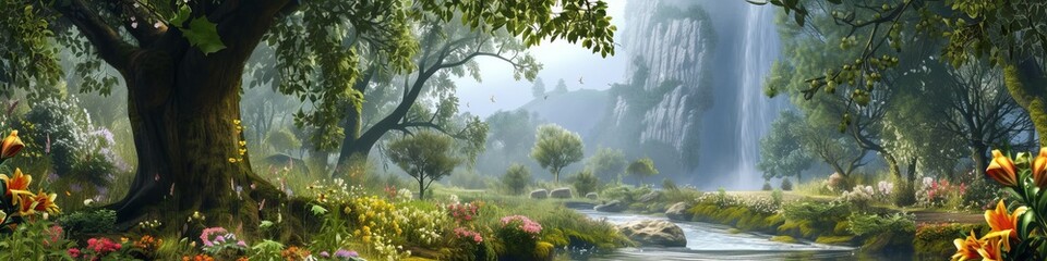 The Garden of Eden in tranquil splendor, its lush, verdant landscapes filled with blooming flowers and fruit-laden trees, a gentle river meandering through, all under a sky of perpetual spring - obrazy, fototapety, plakaty