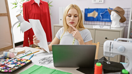A thoughtful woman designer with blonde hair evaluates fabric in a well-equipped tailoring studio