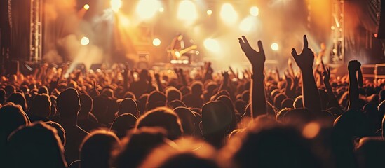 A lively crowd of people enthusiastically raise their hands in the air during a concert, creating a vibrant atmosphere. - obrazy, fototapety, plakaty