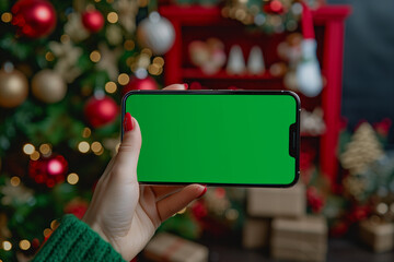 A mockup of an iPhone with a green screen, hand horizontally holding an iPhone, in a room decorated for Christmas