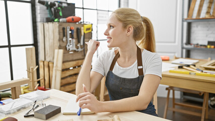 A contemplative young blonde woman in a workshop filled with carpentry tools and wood.