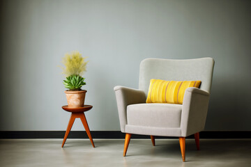 tweed armchair against matte grey wall