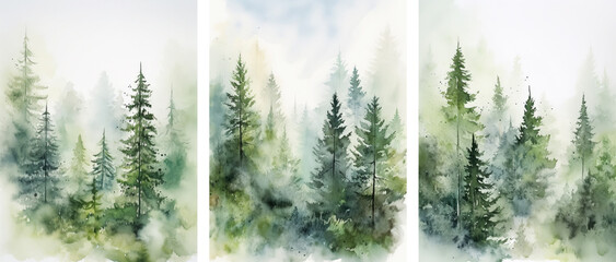 Watercolor Forest tree illustration, Woodland pine trees, Green Forest landscape, holiday, card, poster, print, transparent background, new year, generative AI