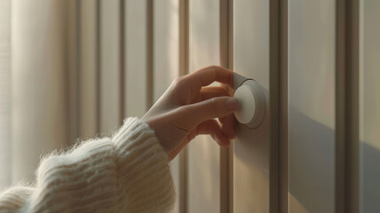 A woman's hand presses a button.