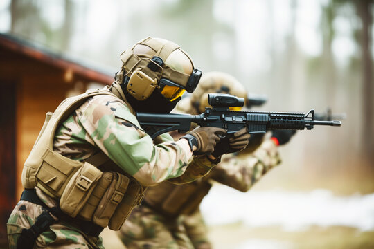paintball team in combat gear aiming at each other