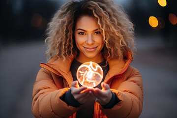 Smiling woman holding a glowing orb in her hands. The orb emits a soft, warm light, illuminating her face and surroundings