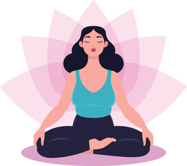 Vector illustration in flat style. Young happy woman doing yoga, meditation in lotus pose on flower background of a lotus flower