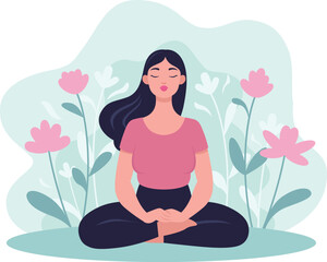 Vector illustration in flat style. Young happy woman doing yoga, meditating in lotus pose on flower background