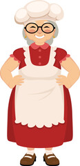 Senior woman cook in a chef hat and kitchen apron. Vector cartoon character granny housewife in traditional village clothes