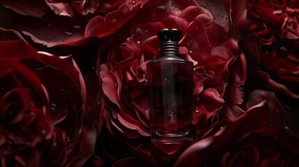 A luxurious perfume bottle nestled among velvet petals, evoking opulence and refinement. - obrazy, fototapety, plakaty