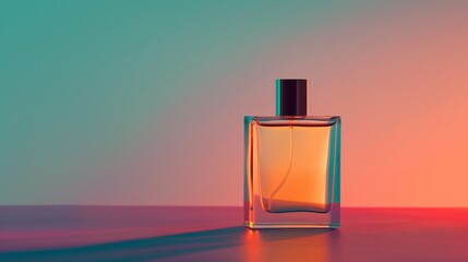 A close-up of a minimalist perfume bottle against a gradient backdrop, exuding modern elegance. - obrazy, fototapety, plakaty