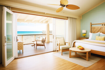 Fototapeta premium beach hotel room interior with balcony doors open to the ocean