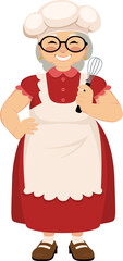 Senior woman pastry cook in a chef hat and kitchen apron. Vector cartoon character granny housewife holding a whisk for whipping cream in his hand