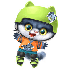 Cute cartoon cute kitten in a helmet rollerblading isolated on a white background. Image produced without the use of any form of AI software at any stage