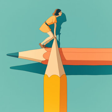 Feminist Expression: Woman Balancing on Pencil with Bold Color Contrast