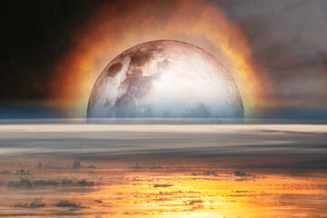 Global catasrtophe concept with big Moon fall and Earth planet. Elements of this image furnished by...