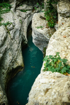 White Rock Canyon. jungle, mountain forest hiking. The Khosta River flows along the cliffs Sochi.