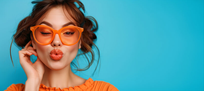 Portrait of beautiful young woman sending kiss on orange background. Close up photo portrait of winsome pretty cute lovely sweet glad nice lady sending kiss to you wearing orange transparent glasses