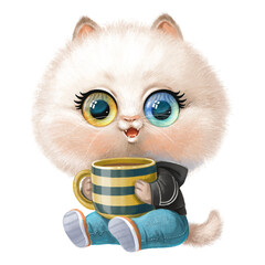 Cute cartoon fluffy kitten with cup of coffee or tea in paws sit on white background. Image produced without the use of any form of AI software at any stage