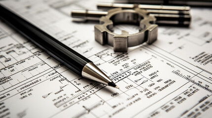 Closeup view of an architectural drawing, printed on white paper and lay on wooden table with pencils and drafting pens around 