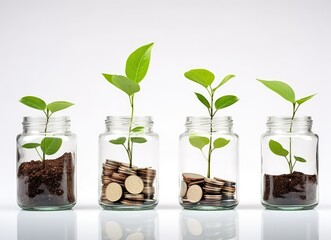 Fototapeta na wymiar A hand puts coins into a glass jar, plant sprouts, business investment growth concept, savings concept
