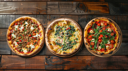 Three pizzas on a wooden table.