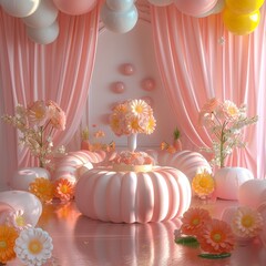 a pink and white stage with balloons and flowers
