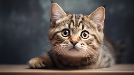 cat covering his mouth with his paws on a grey background. Copy space