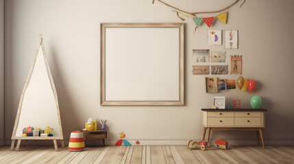 Kid's room with emthy frame and toys, colorful kid room background, minimal and modern kid room