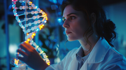 A woman scientist looks at a DNA helix model.