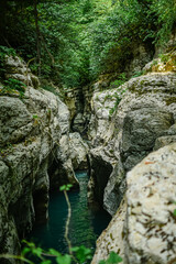 White Rock Canyon. jungle, mountain forest hiking. The Khosta River flows along the cliffs Sochi.