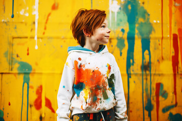 kid with paint splatters on clothes looking away from a wall mural