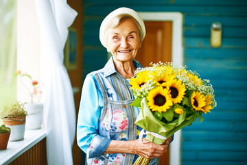 elderly lady with a bright smile holding a bouquet of sunflowers