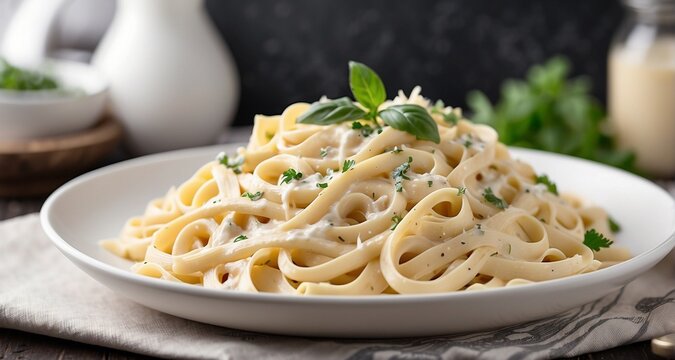 Capture the simplicity and elegance of a classic Fettuccine Alfredo with an ultra-realistic image, showcasing the creamy white sauce clinging to perfectly cooked pasta strands-Ai Generative