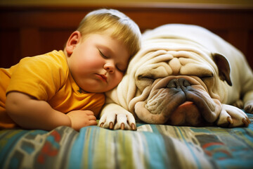 kid and bulldog asleep, cheek to cheek - obrazy, fototapety, plakaty