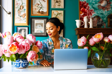 woman typing on laptop, bright peonies in a vase next to her