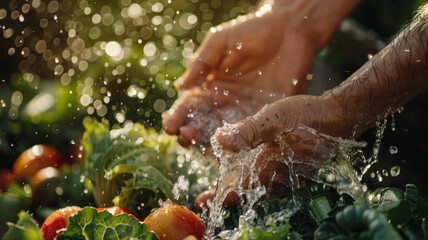 Close-up of a farmer's hands washing vegetables.